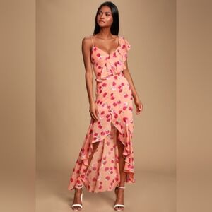 Bloom Forever Coral Orange Floral Print Ruffled High-Low Dress